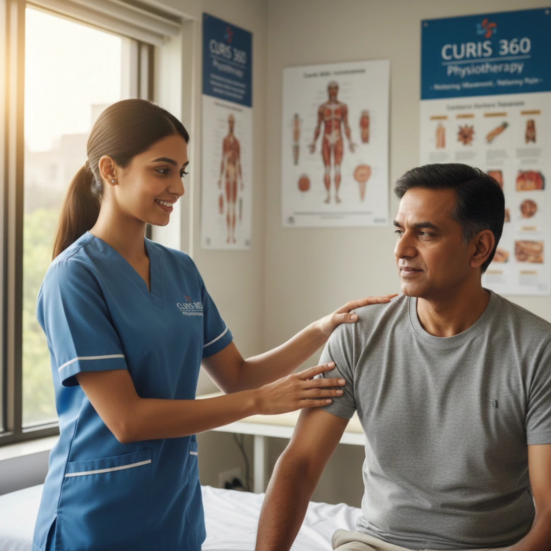 Physiotherapist performing shoulder joint mobilization for frozen shoulder at Curis 360 Jayanagar